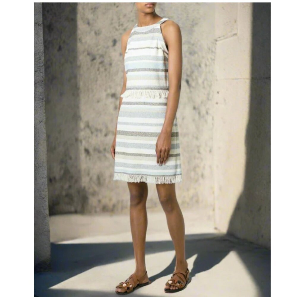 Tory Burch Mini Fringed Boho Dress 10 Ivory Sleeveless Cotton Sheath Stripe